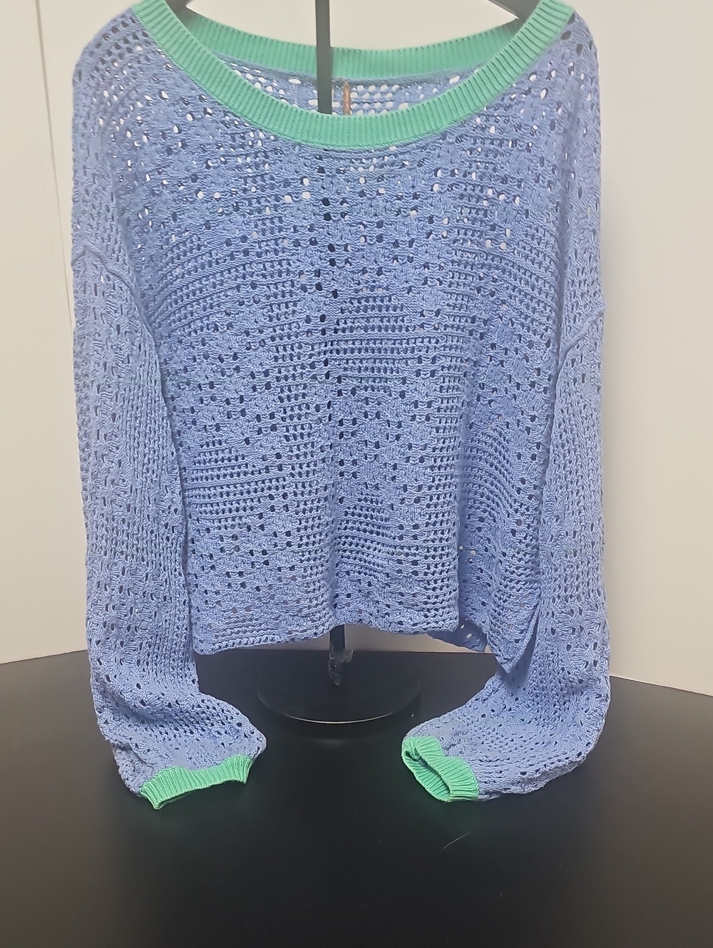 Free People Light Blue Open-Knit Sweater with Mint Trim